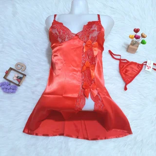 لباس خواب ساتن و دانتل ۲ تکه با شورت فری سایز ۳۸ تا ۴۲ کد۹