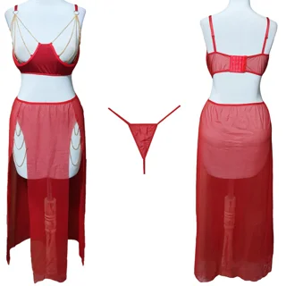 ست سوتین زنجیری دامن بلند فانتزی زنانه ۳ تکه با شورت کد ۰۱۵۵